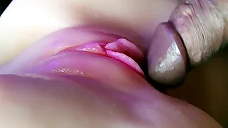 Juicy pussy close-up absorbs a ration of sperm from a big cock and slurps&excl;